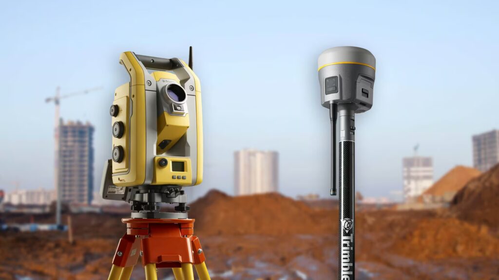 Total station and Trimble GNSS receiver positioned at a construction site with digital scanning overlays, illustrating modern surveying technology in action.