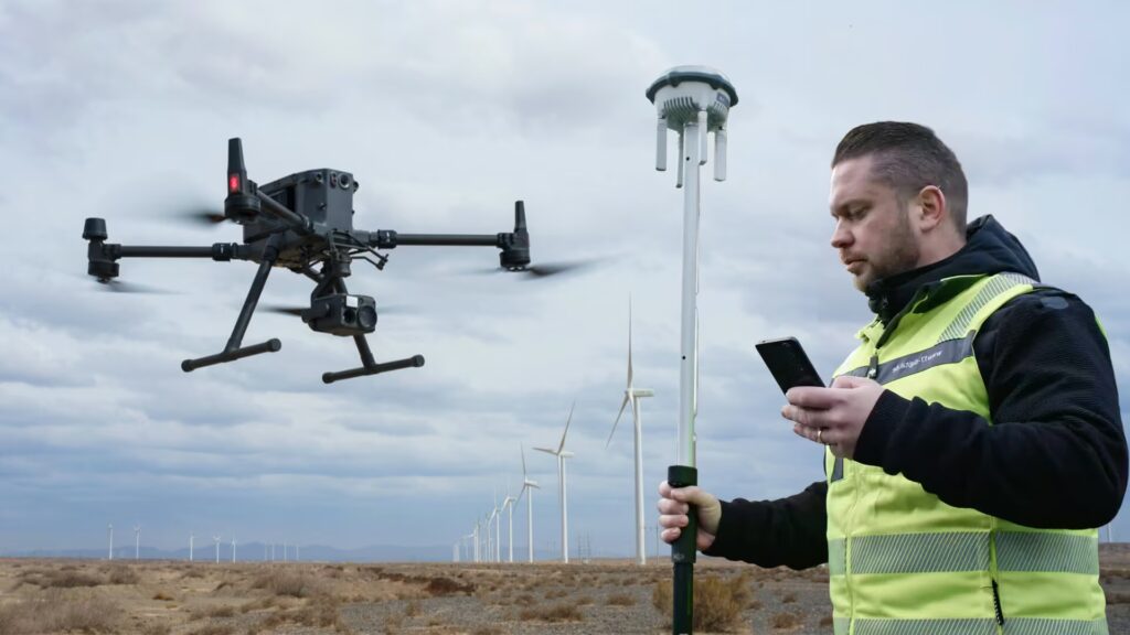 Surveyor operating GNSS equipment while monitoring a drone flying over a construction site at sunset, showcasing drone surveying technology.