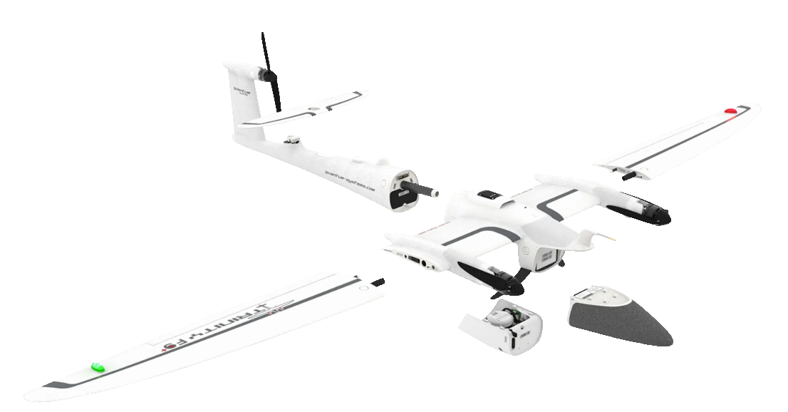 Trinity F90+ VTOL drone in flight configuration showing extended wings and rear propeller system.