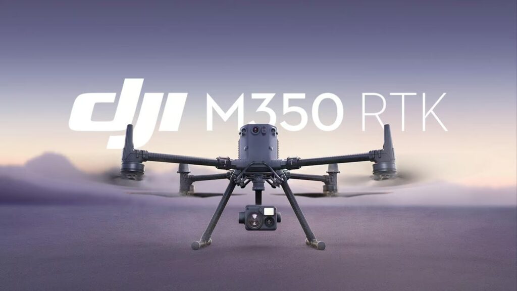 DJI Matrice 350 RTK industrial drone isolated on white background showing multi-rotor design and sensors.